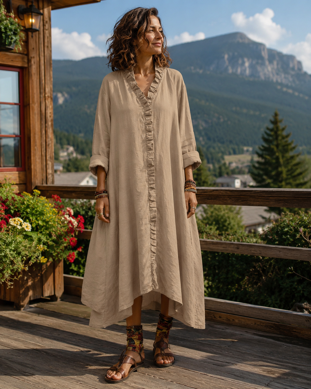 Long Women's Flowing Dress with Ruffles and V-Neck