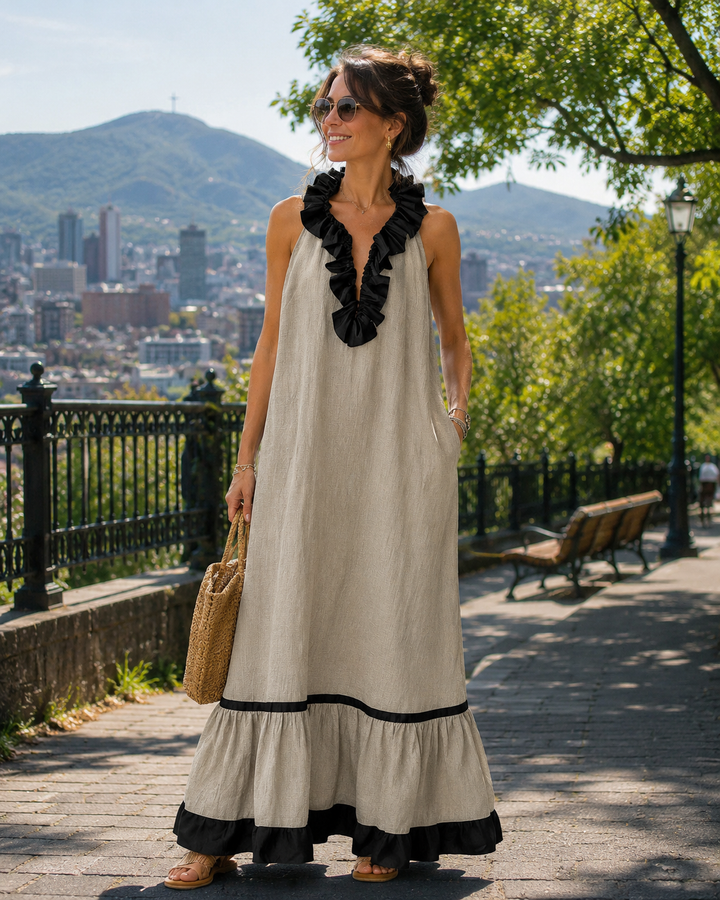 Long Women's Fluid Dress with Contrasting Ruffles