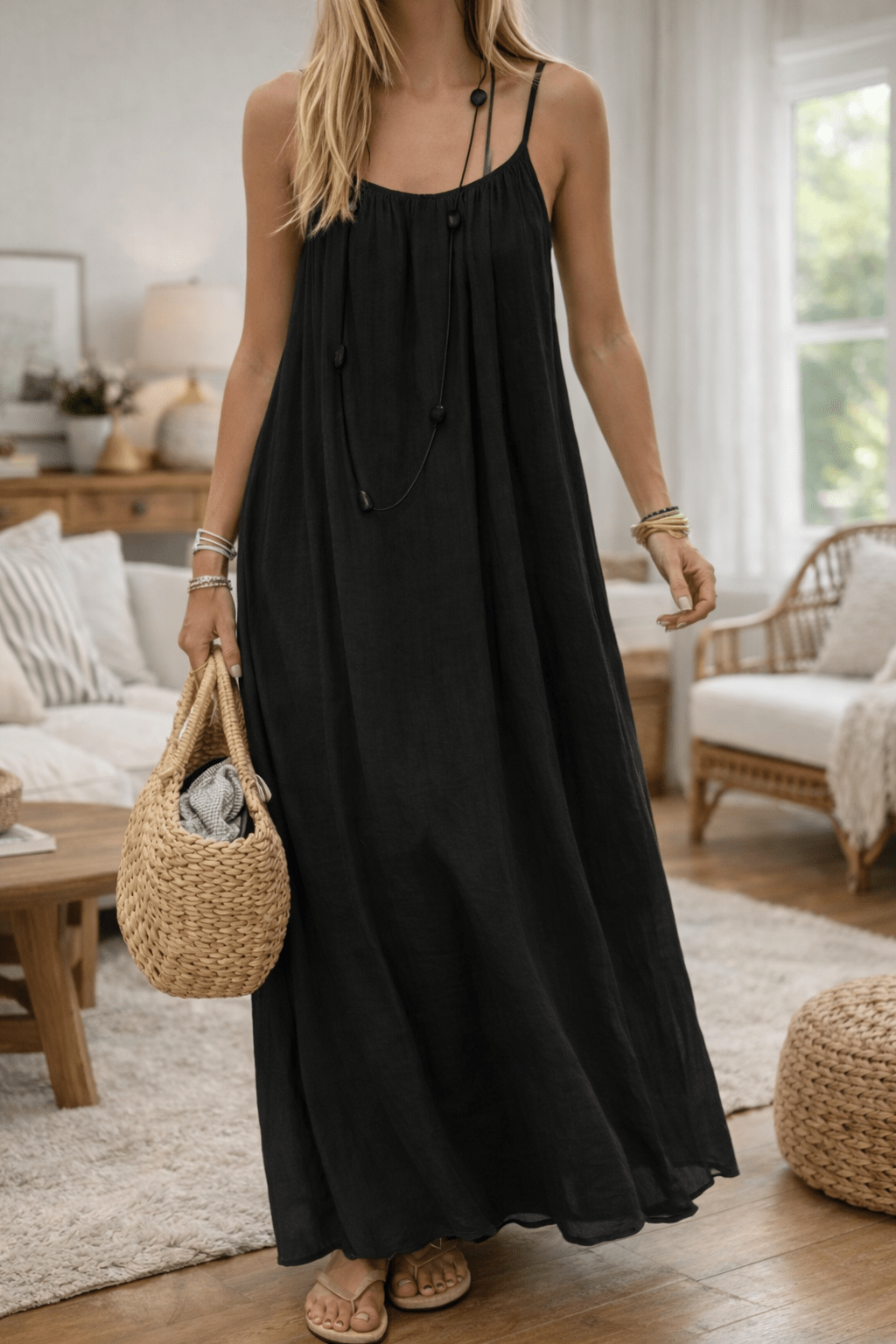 Emma & Rose Cape Town Mora™ Velle Noir backless maxi dress, flowing black fabric with elegant open back design.