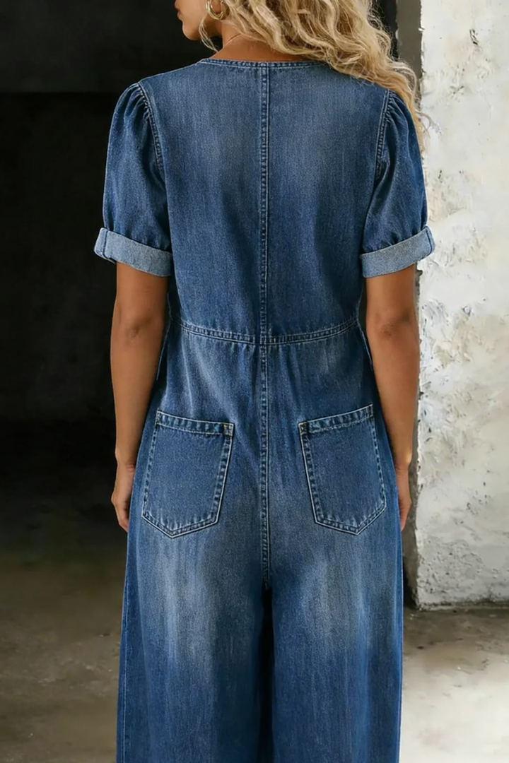 Women's Soft Denim Jumpsuit with V-Neck and Wide Legs
