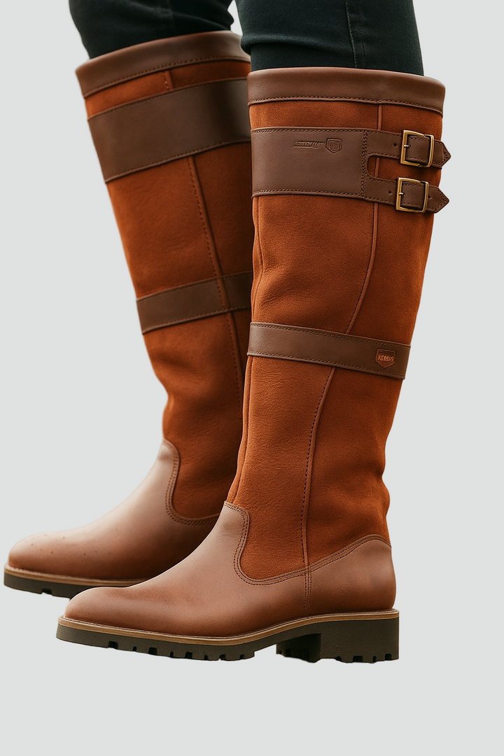 Stylish Women's High Leather Boots with Buckle Details