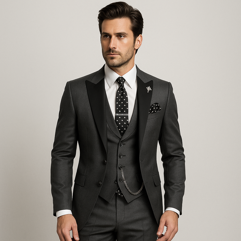 Harrington Oxford Men formal three-piece suit black peak lapels, view 4 - Elena Harper