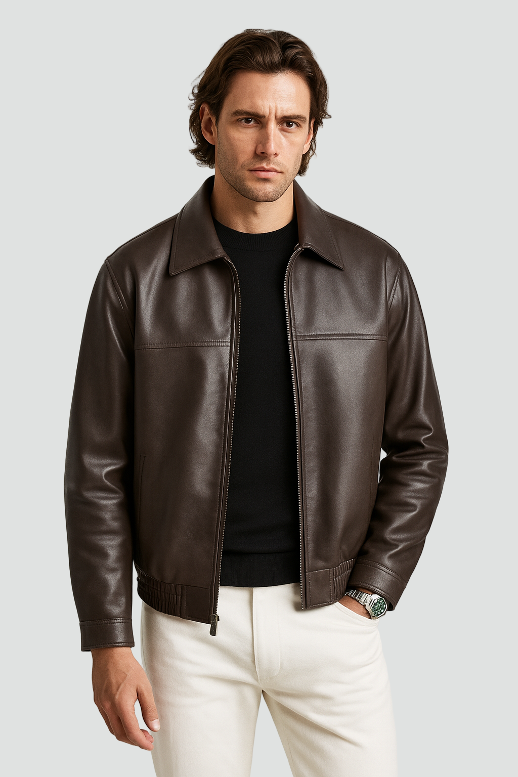 Leather Jacket Men Slim Fit Zipper Straight Collar