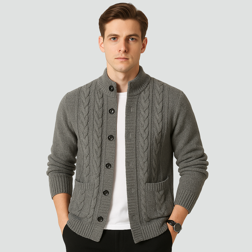 Men's Cardigan with Cable Pattern and High Collar