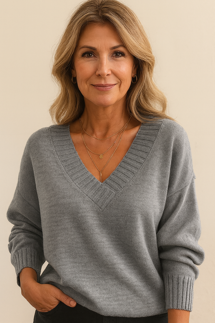 Soft Knitted Women's Sweater with Deep V-Neck and Long Sleeves