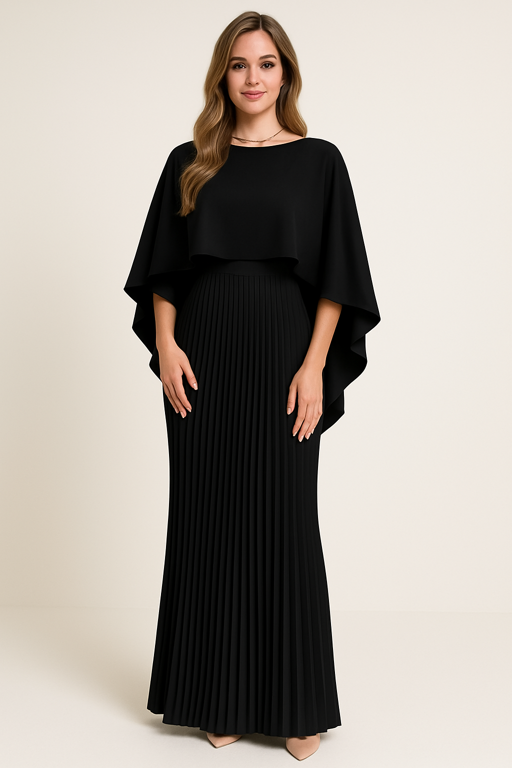 Long Pleated Maxi Dress with Elegant Cape for Women