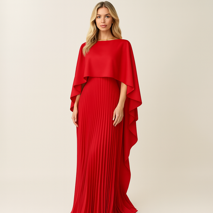 Long Pleated Maxi Dress with Elegant Cape for Women