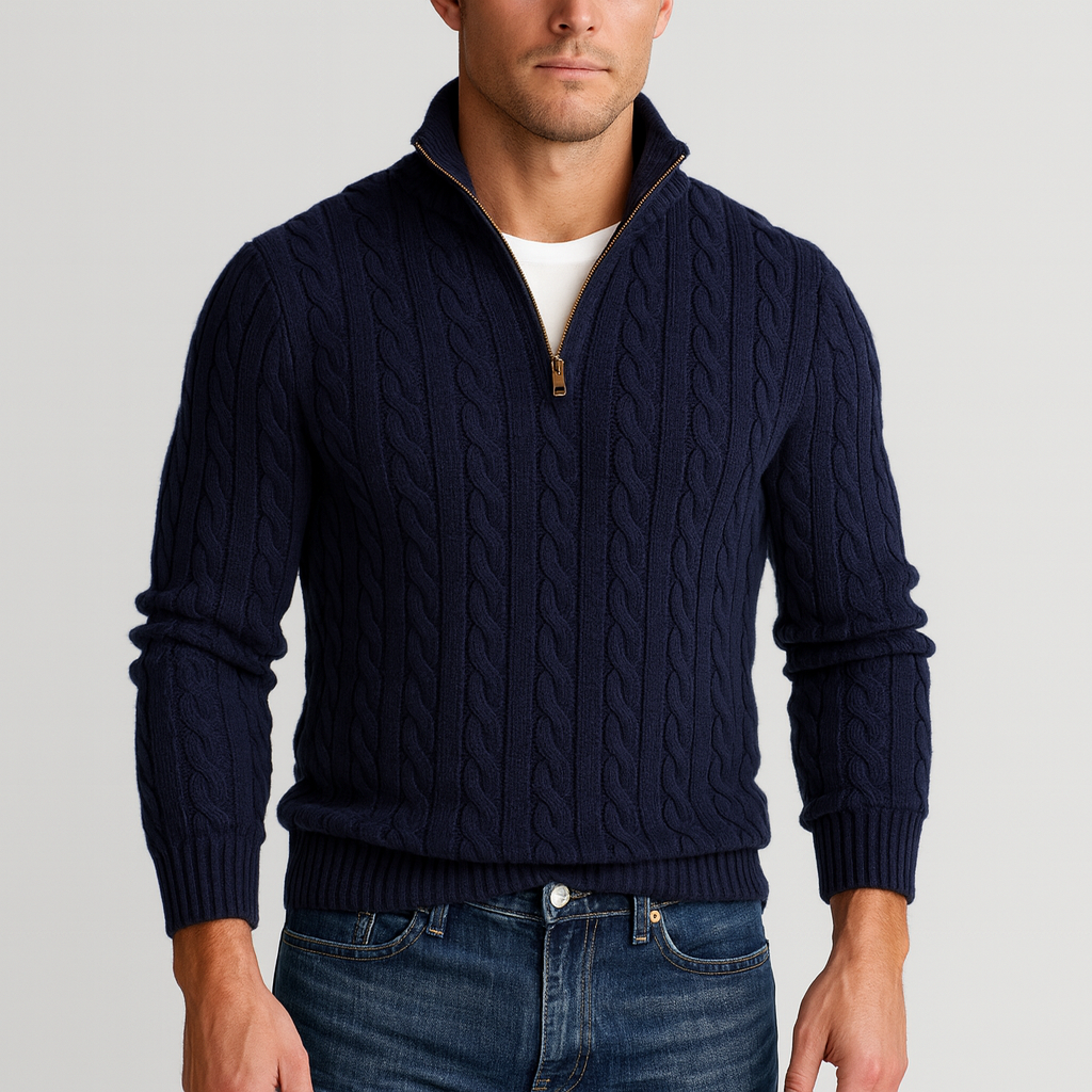Cable Knit Half-Zip Sweater Men High Collar