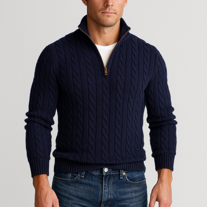 Cable Knit Half-Zip Sweater Men High Collar