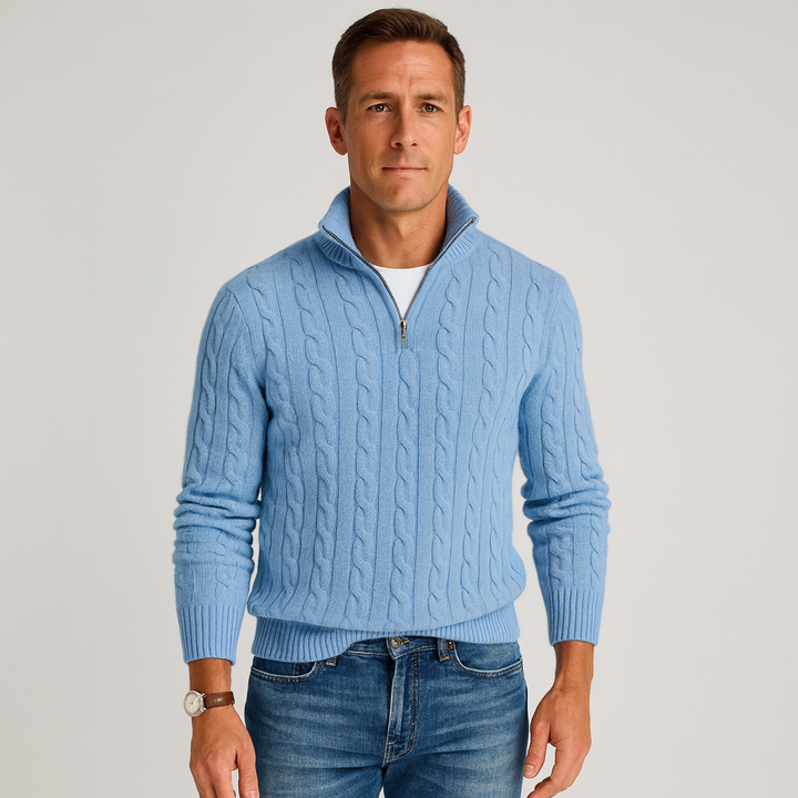 Cable Knit Half-Zip Sweater Men High Collar