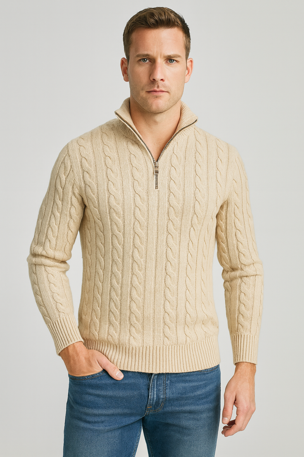 Cable Knit Half-Zip Sweater Men High Collar