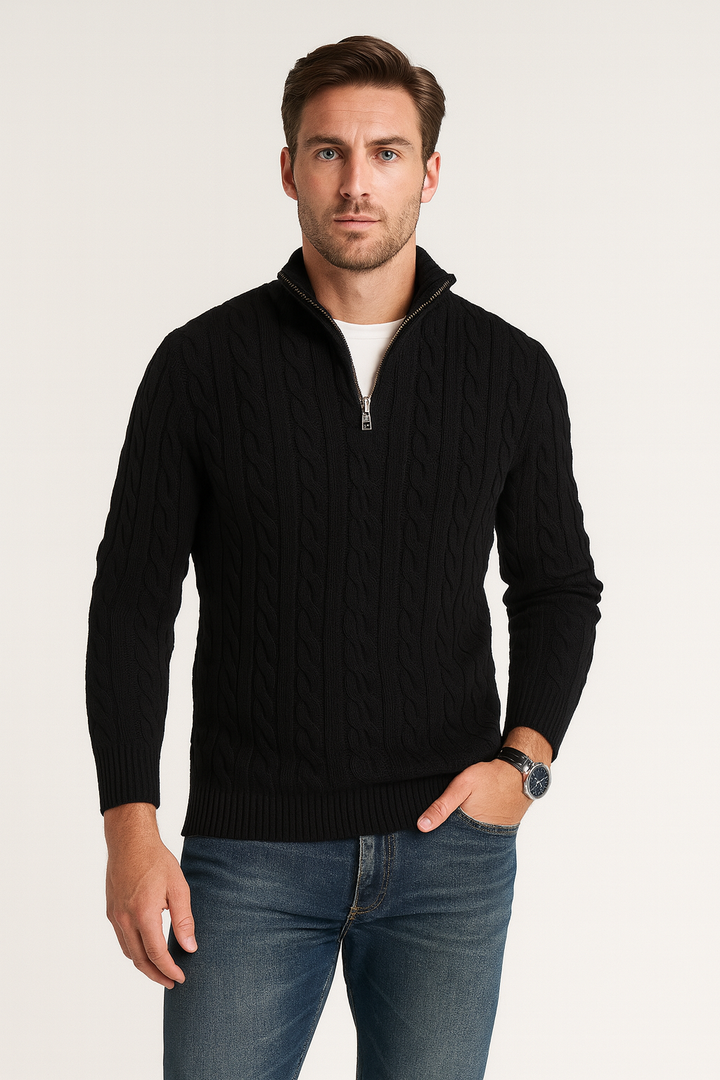 Cable Knit Half-Zip Sweater Men High Collar