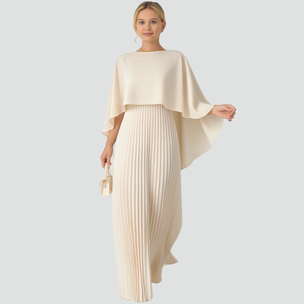 Long Pleated Maxi Dress with Elegant Cape for Women