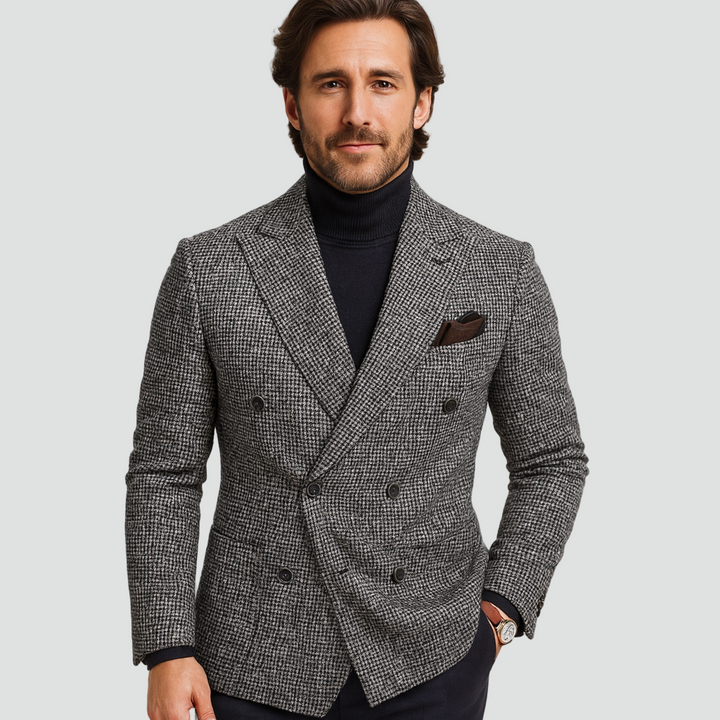 Checked Double-Breasted Blazer for Men with Classic Lapels