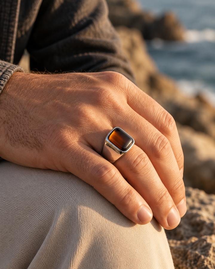 Tiger Eye Natural Stone Signet Ring for Men