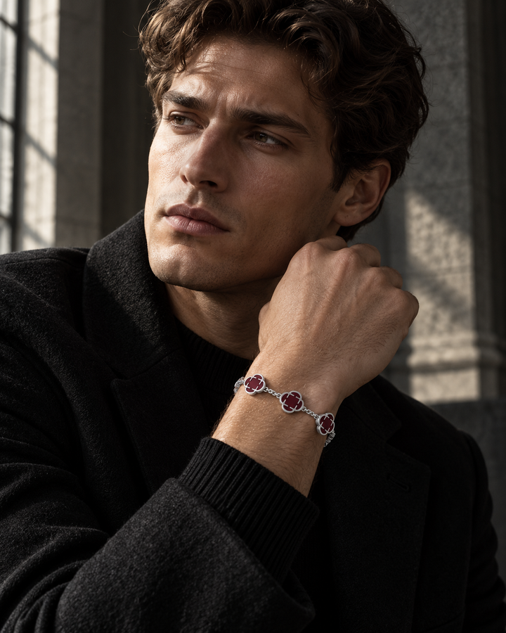 Silver Bracelet with Bordeaux Clovers