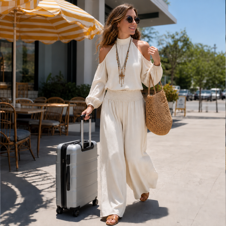 Driftbloom Cold Shoulder Wide Leg Pants Set - Elena Harper