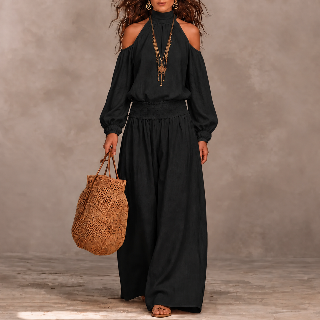 Driftbloom Cold Shoulder Wide Leg Pants Set - Elena Harper