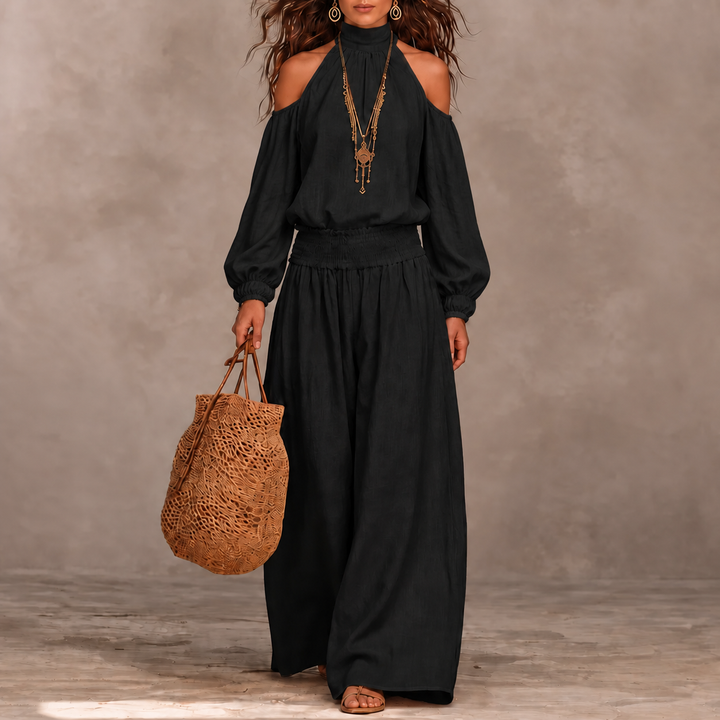 Driftbloom Cold Shoulder Wide Leg Pants Set - Elena Harper
