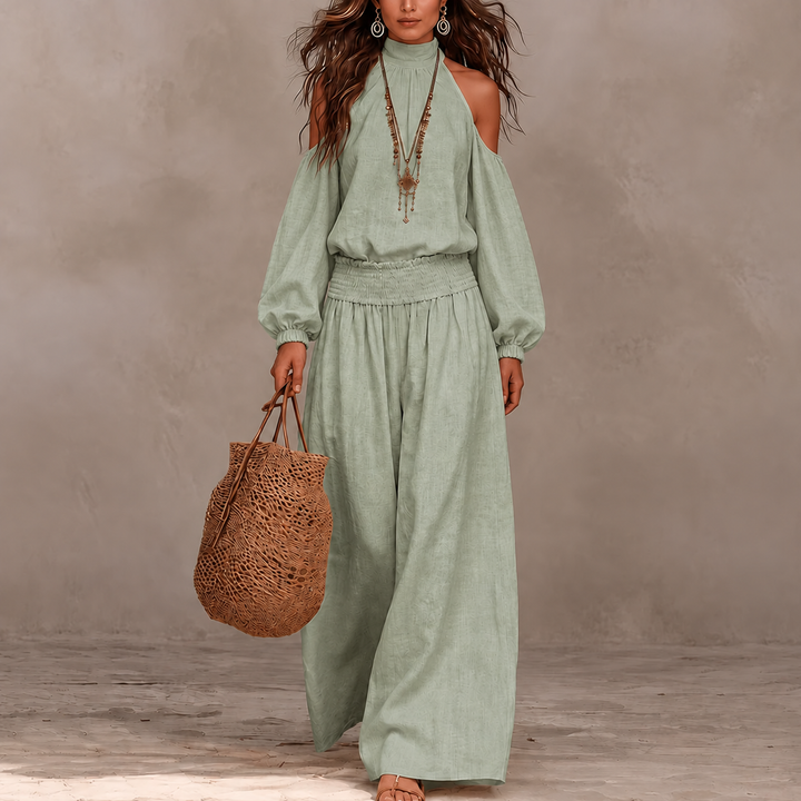 Driftbloom Cold Shoulder Wide Leg Pants Set - Elena Harper