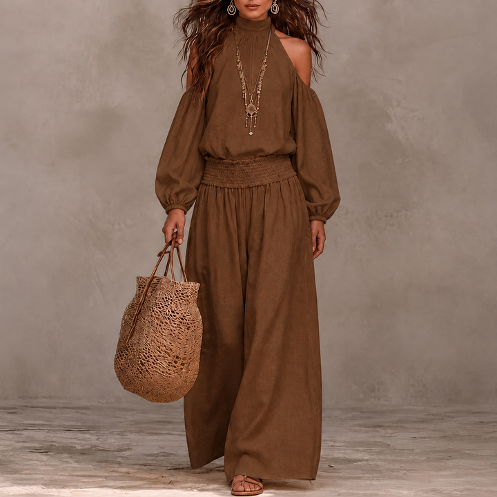 Driftbloom Cold Shoulder Wide Leg Pants Set - Elena Harper