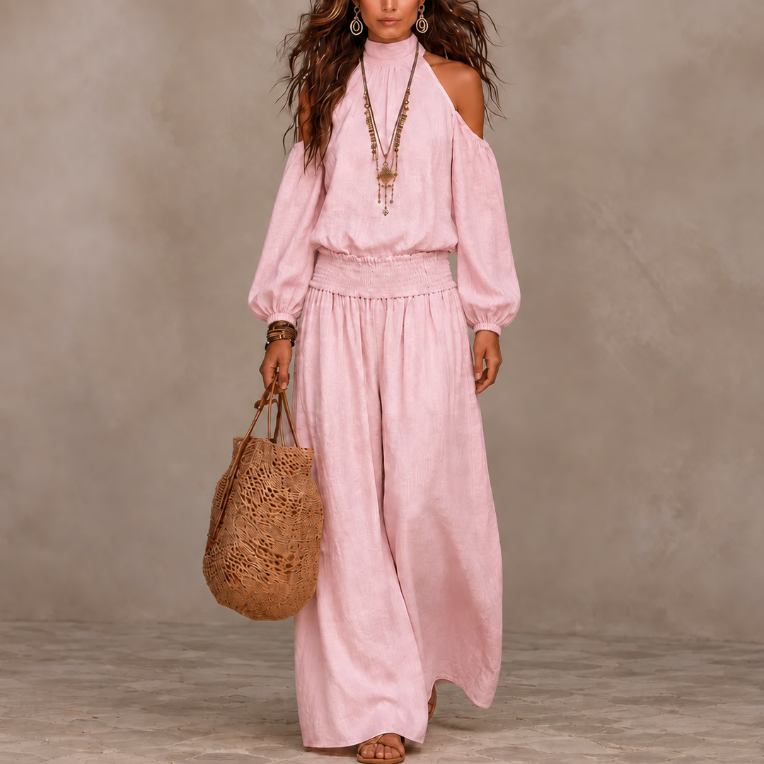 Driftbloom Cold Shoulder Wide Leg Pants Set - Elena Harper