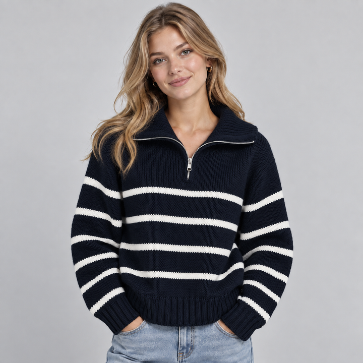 Montarello Women's Sweater, Half-Zip, Striped High Collar