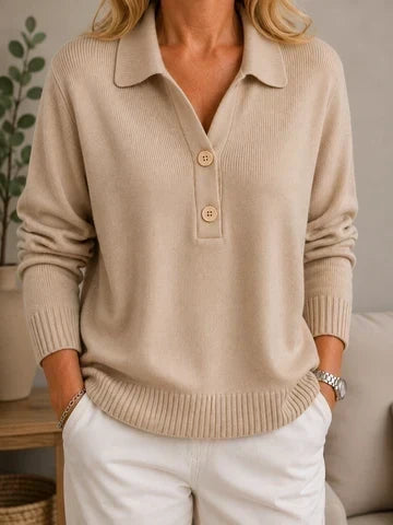 Women's Soft Sweater with Shirt Collar and Buttons
