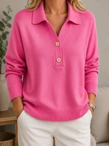Women's Soft Sweater with Shirt Collar and Buttons