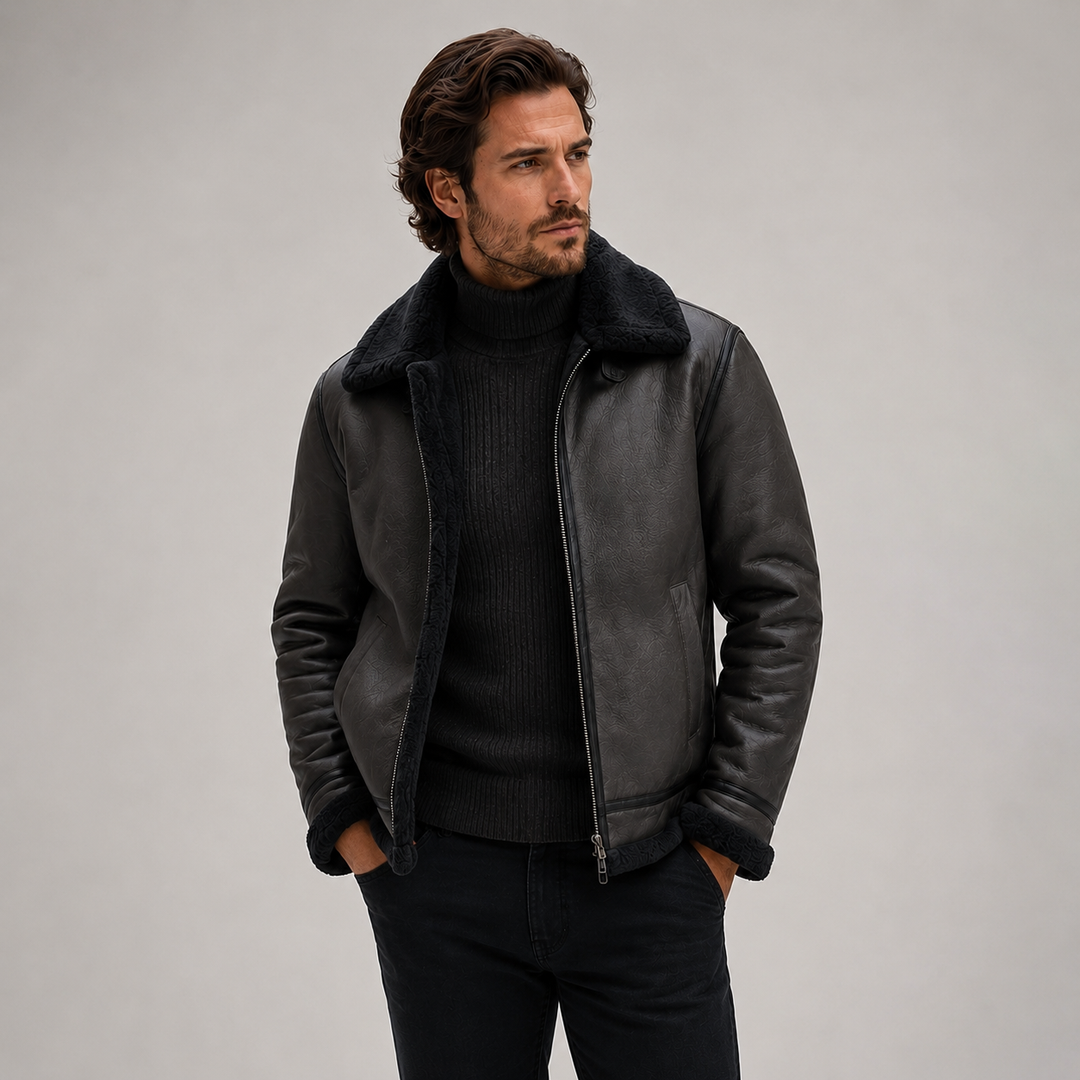 Men's Aviator Jacket Montarello Leather Look Lined with Sheepskin