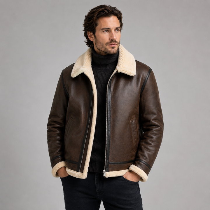 Men's Aviator Jacket Montarello Leather Look Lined with Sheepskin