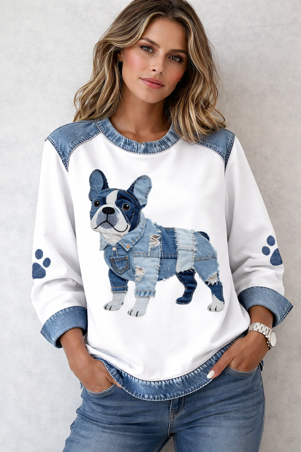Dog Pattern Premium Sweater | Denim Dog Collection | Women's