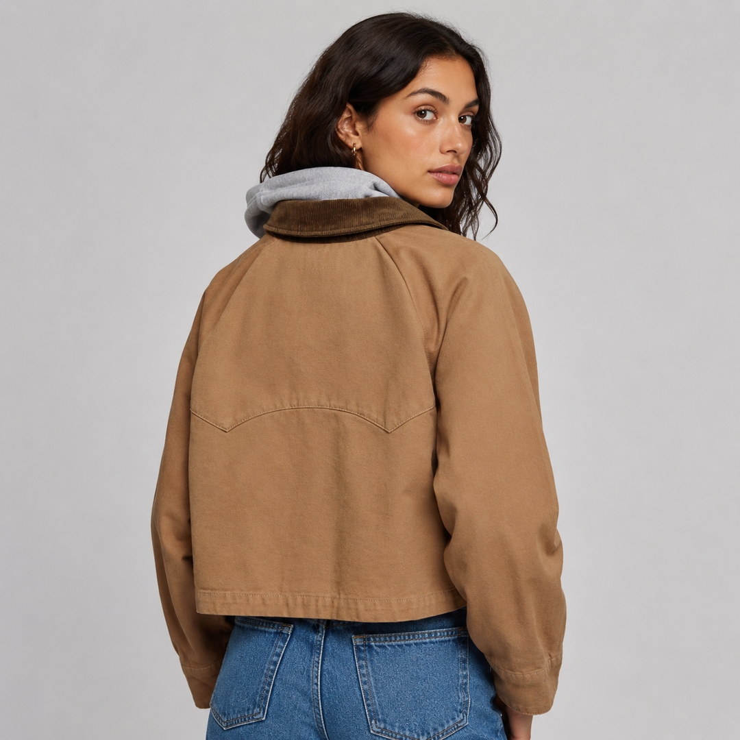 Montarello Women's Work Jacket with Corduroy Collar and Utility Pockets