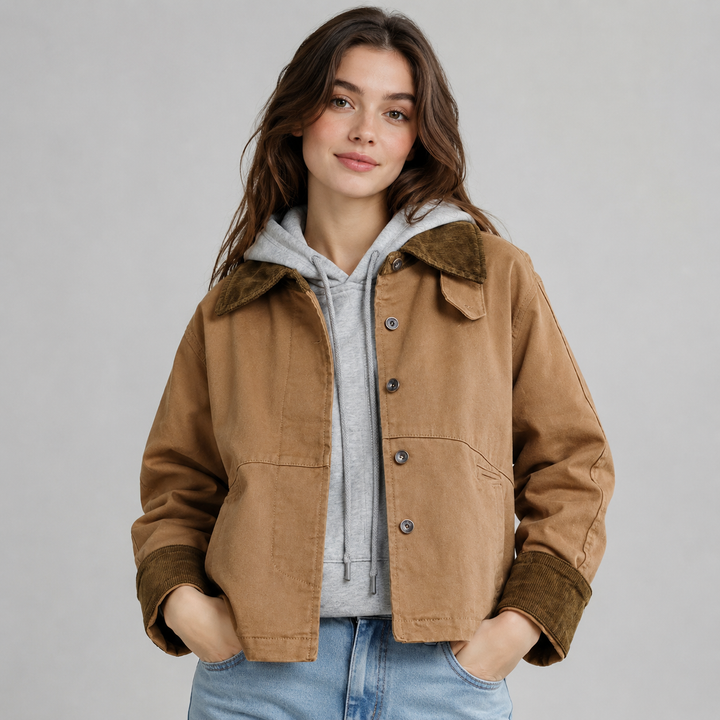 Montarello Women's Work Jacket with Corduroy Collar and Utility Pockets