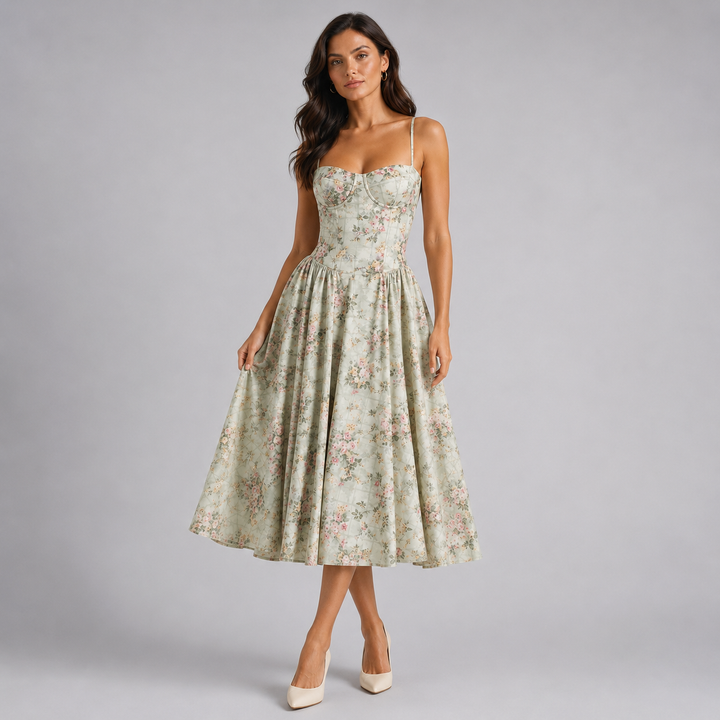 Montarello Floral Corset Midi Dress for Women – Wedding Guest Outfit