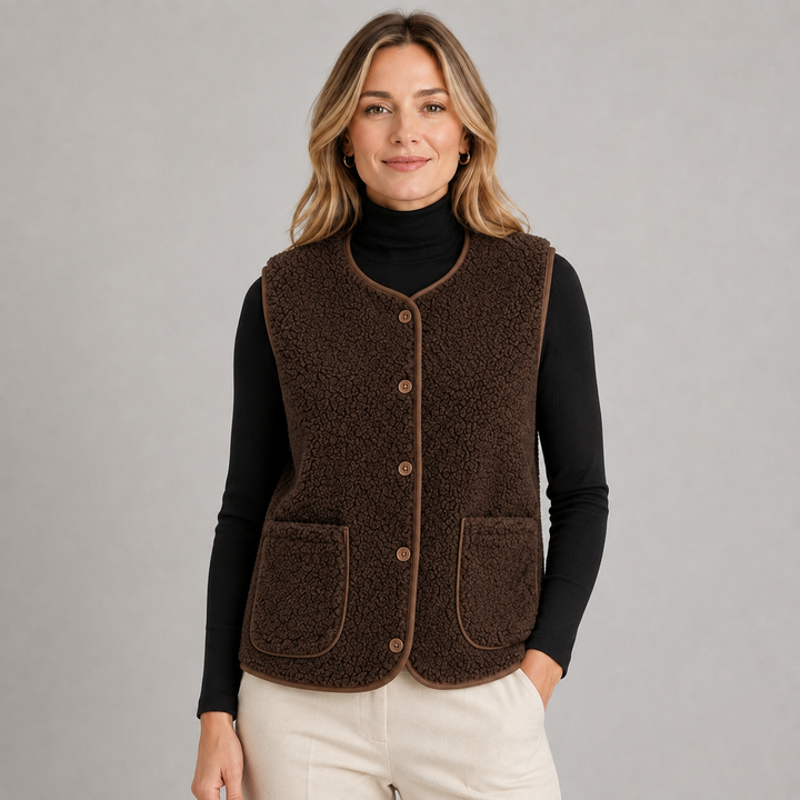 Montarello Women's Teddy Effect Shearling Vest with Front Buttons