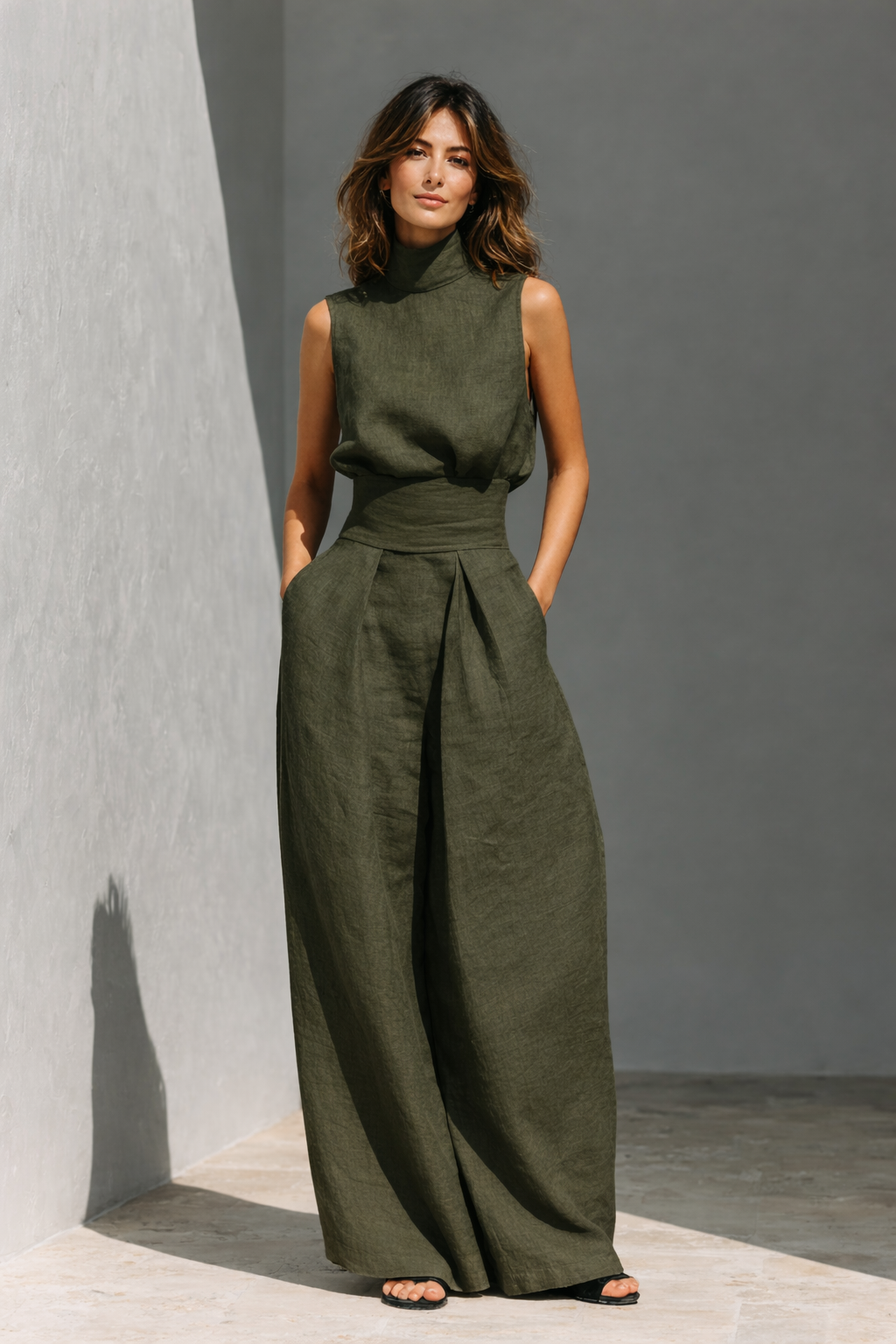 Maria - Minimalist Women's Cotton and Linen Tank Top and Wide-Leg Trousers Set