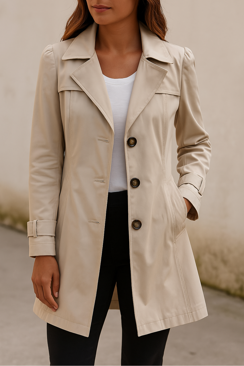 Women's Fitted Trench Coat with Buttons and Classic Collar - Elegant and Timeless
