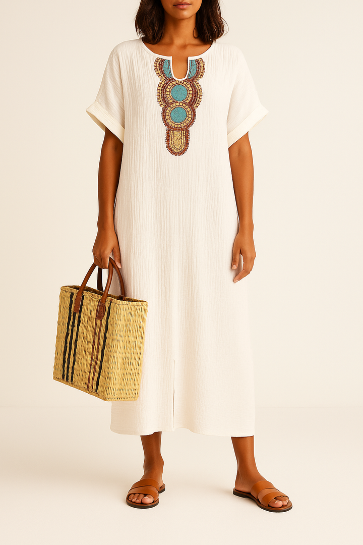 Anni | Bohemian kaftan dress with embroidery and short sleeves, loose design