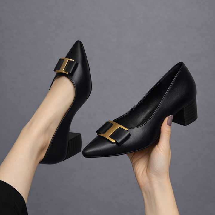 Hadeel Shoes with Pointed Toe, Block Heel, and Bow Buckle - Elena Harper