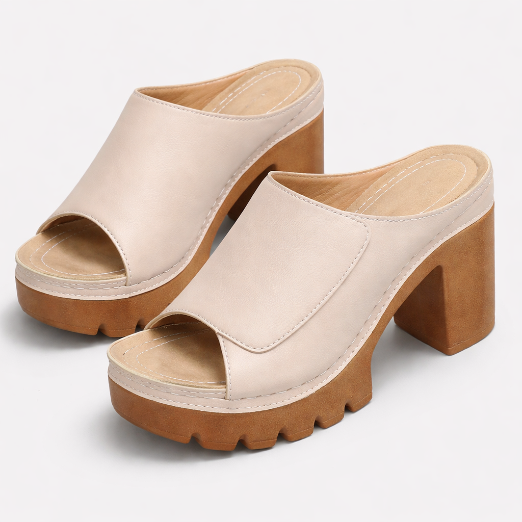 Emma & Rose Cape Town Ellie platform heels showing beige suede material, chunky heel, and stylish ankle strap design.