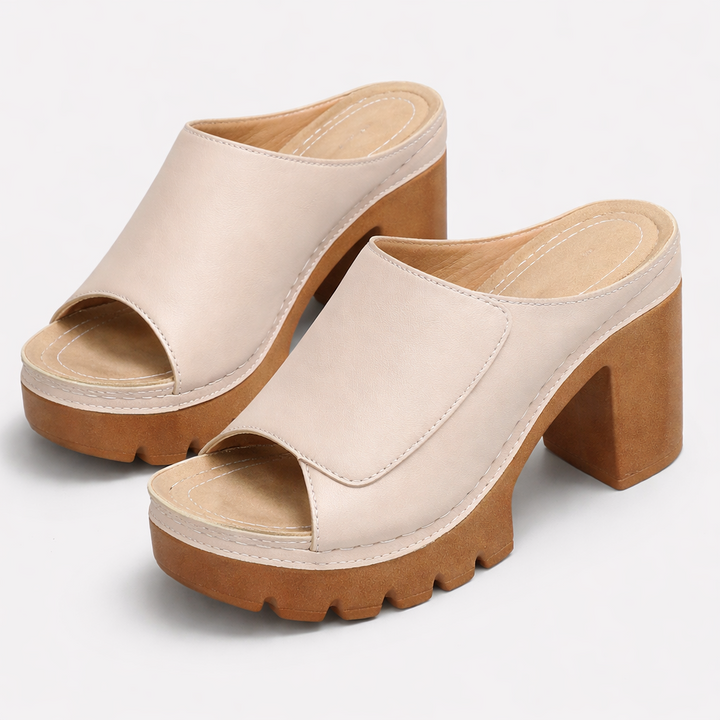 Emma & Rose Cape Town Ellie platform heels showing beige suede material, chunky heel, and stylish ankle strap design.