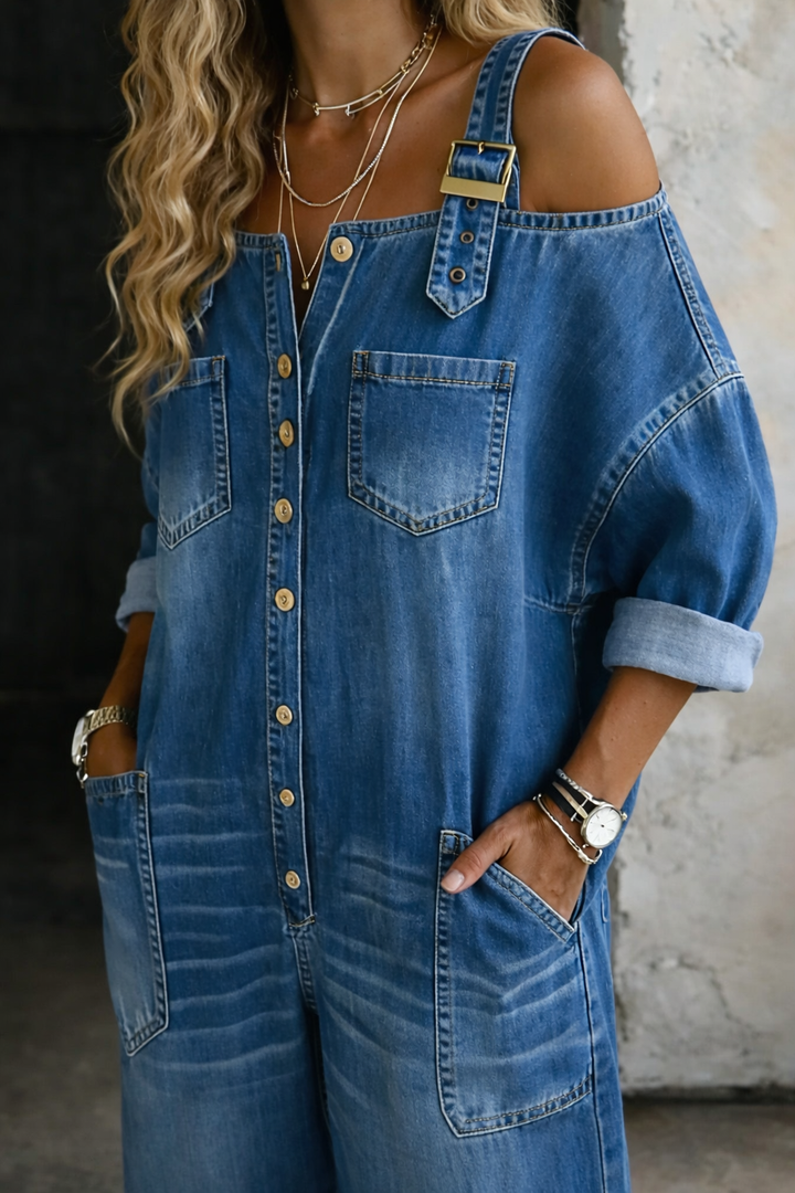 Armas Off-Shoulder Denim Jumpsuit, view 5 - Elena Harper