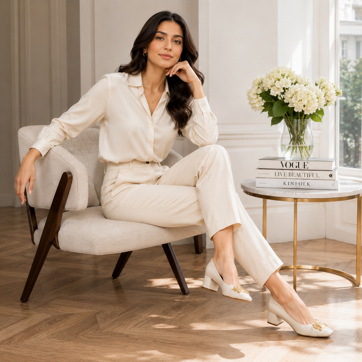 Hadeel Shoes with Pointed Toe, Block Heel, and Bow Buckle, view 9 - Elena Harper