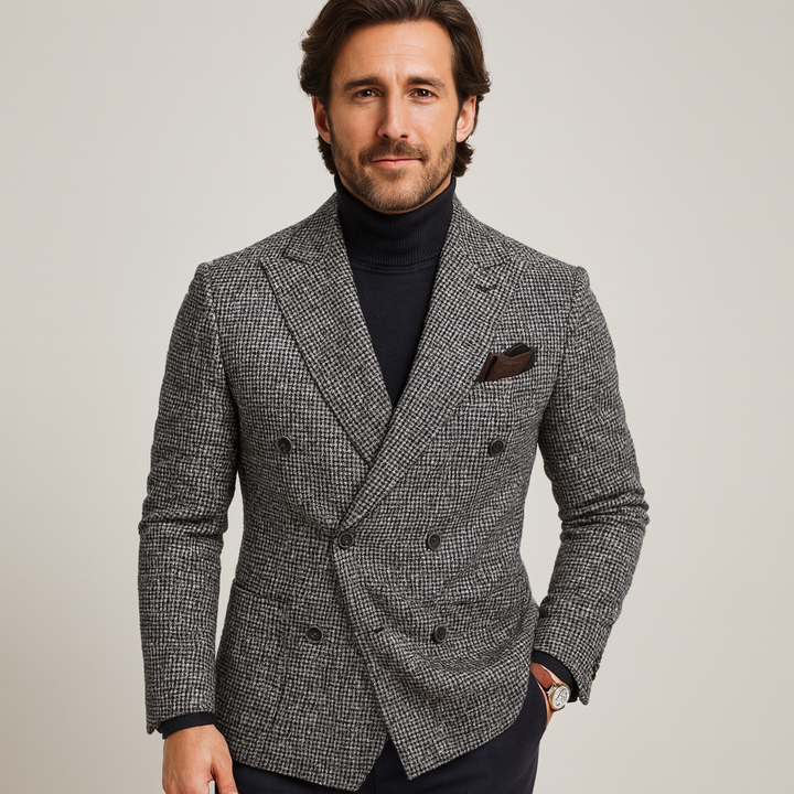 Checked Double-Breasted Blazer for Men with Classic Lapels
