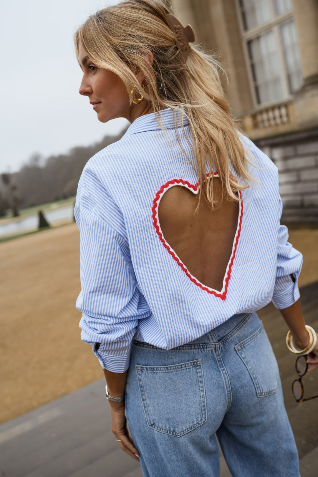 Sela™  |  Heart Cutout Stripe Shirt