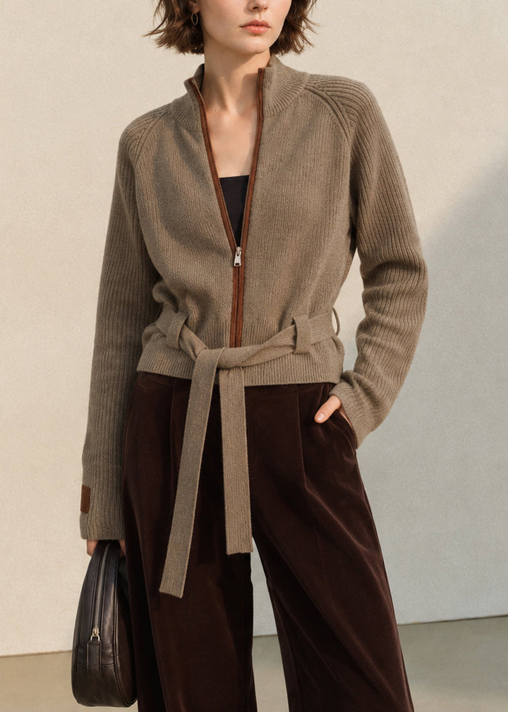 Women's Cardigan with Stand-Up Collar, Zipper, and Lacing