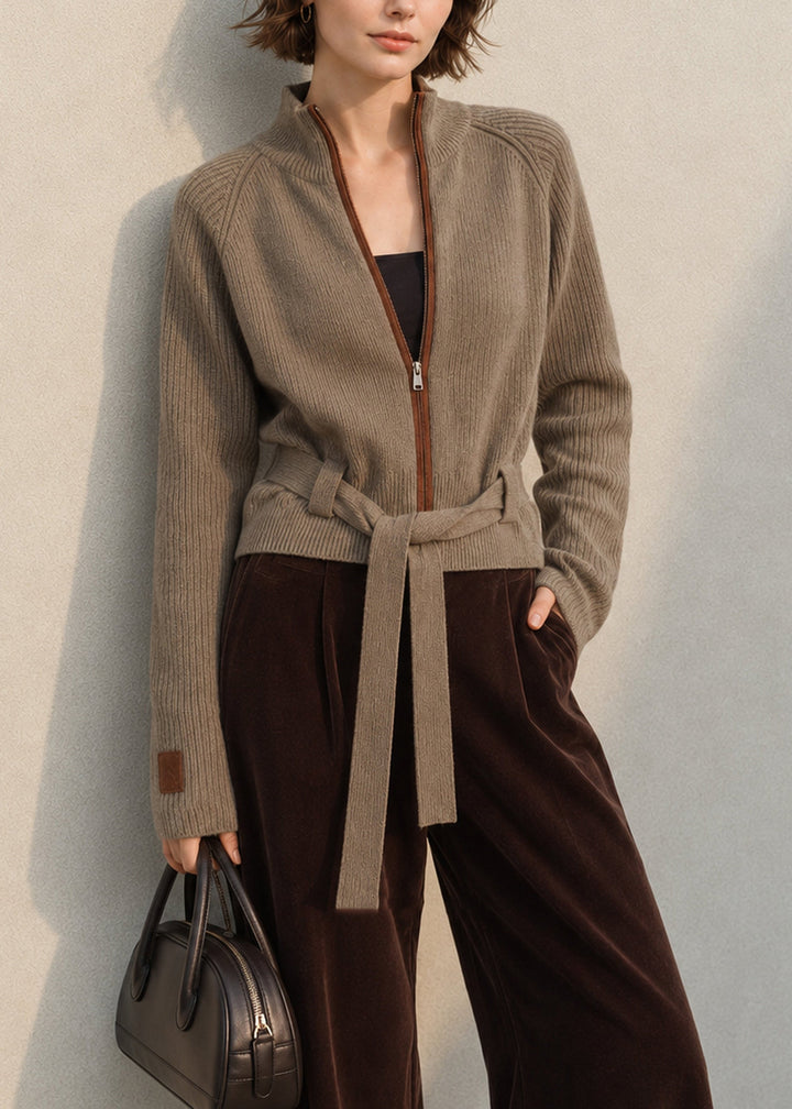 Women's Cardigan with Stand-Up Collar, Zipper, and Lacing