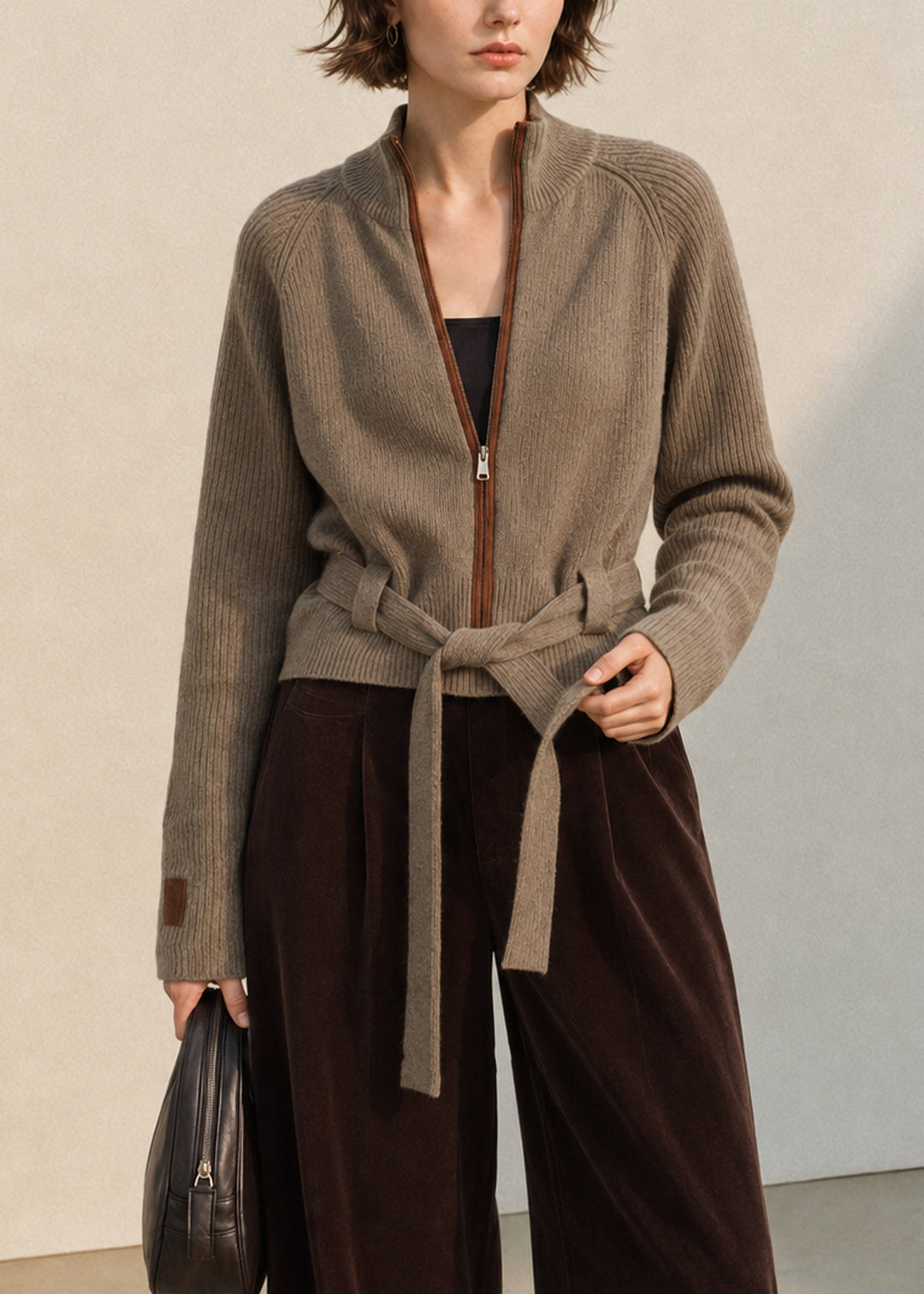 Women's Cardigan with Stand-Up Collar, Zipper, and Lacing