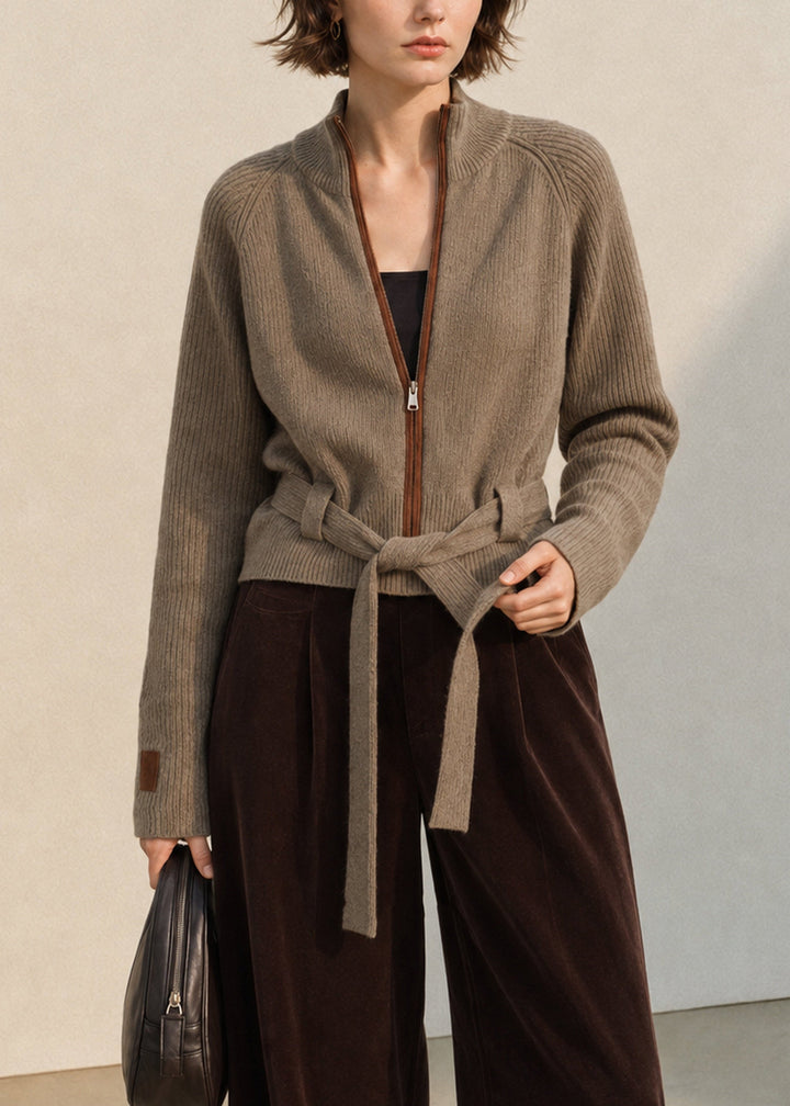 Women's Cardigan with Stand-Up Collar, Zipper, and Lacing